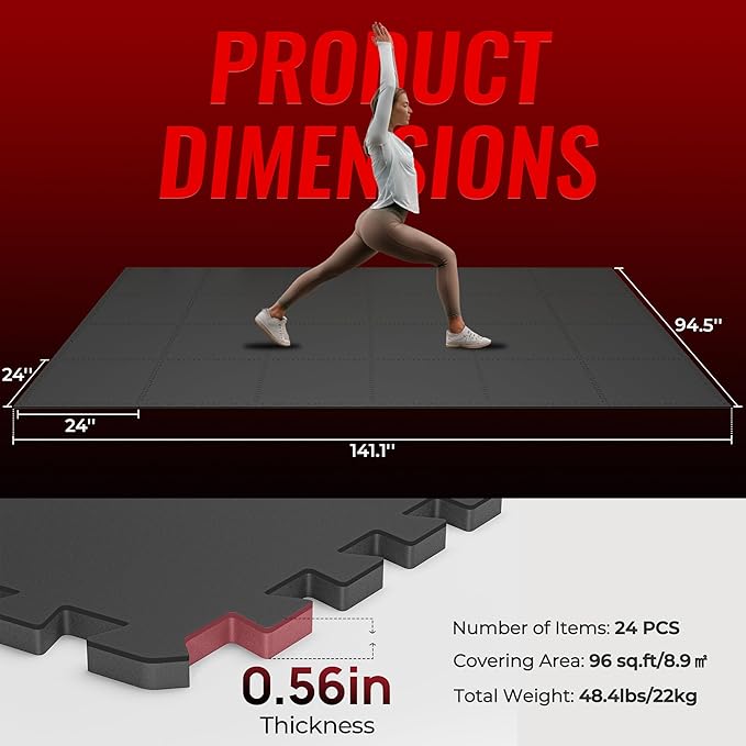 SUPERJARE 0.56'' Thick 24 Pcs 96 Sq Ft Rubber Top Exercise Equipment Mats, High Density EVA Foam Mats with Rubber Top, Interlocking Gym Flooring for Home Gym, Protective Workout Mat, Black - Bloomnest