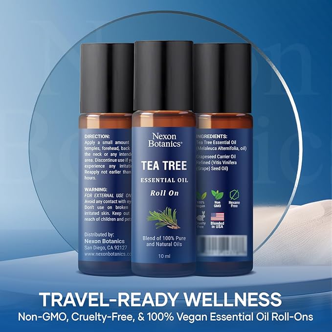 Tea Tree Oil Roll-On 10 ml - 100% Pure, Natural Essential Oil for Aromatherapy, Skin, Face & Body - Pre-Diluted for Travel - Nexon Botanics - Bloomnest