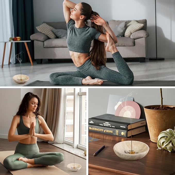 Travertine Incense Holder 2PCS, Natural Marble Incense Holder for Sticks with 9 Incense Holes, Sturdy Incense Burner Ash Catcher, Ideal for Meditation, Relaxing - Bloomnest