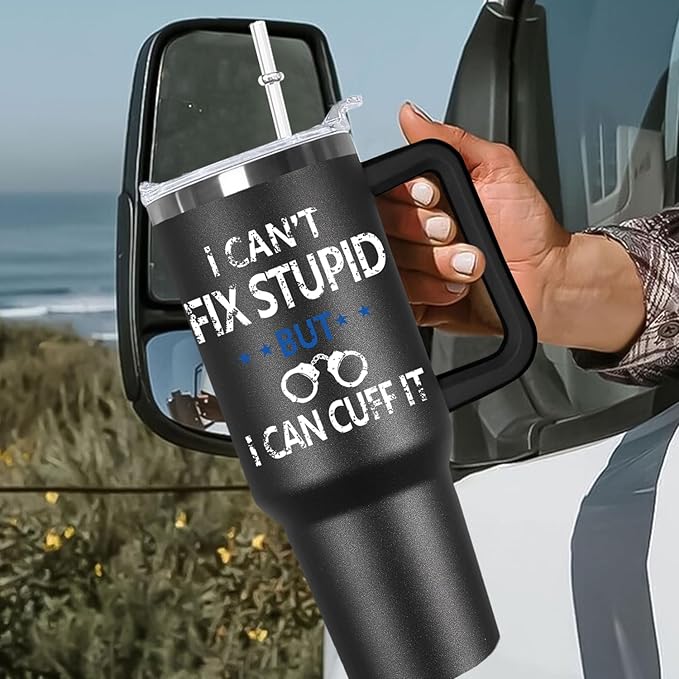 Ceovfoi 40 oz Tumbler with Handle lid and Straw, American Flag Blue Line Stainless Steel Dad Travel Tumbler Cup Mugs,Police Academy Graduation Gifts, Police Gifts for Men Dad - Bloomnest