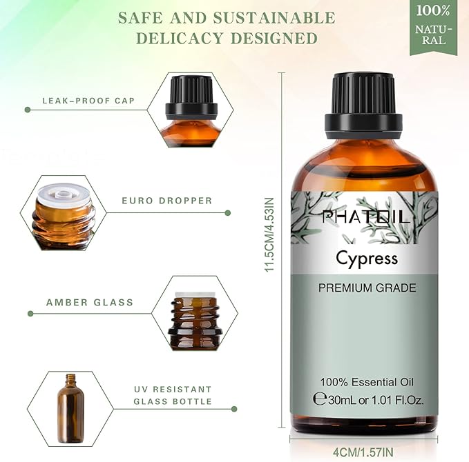 Cypress Essential Oil, 1.01Fl.Oz (30ML) PHATOIL Pure Essential Oil Singles for Aromatherapy Diffusers, Humidifiers, Great for DIY Candle and Soap Making, Gift for Friend PHATOIL