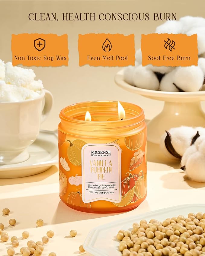 M&SENSE Fall Candles Vanilla Pumpkin Pie Scented, 11.6oz Natural Soy Wax Non Toxic, Double Wick 70 Hours Clean Burn, Warm Spiced Autumn Scent, Seasonal Gifts Home Decor - Bloomnest