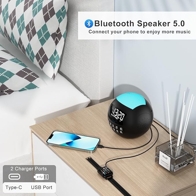 5-in-1 White Noise Sound Machine + Bluetooth + Night Light, 42 Soothing Sounds Sleep Machine for Kids Baby Adults, 8 Timer & Adjustable Volume, USB & Type-C Ports, Dual Alarm Clocks for Bedrooms… - Bloomnest