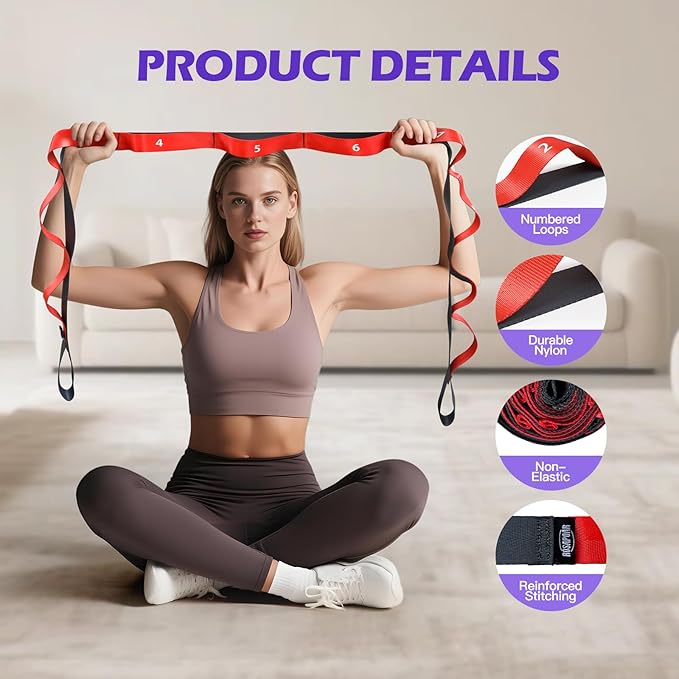 ROSAPOAR Stretching Strap with Loops - Non Elastic Yoga Straps for Physical Therapy, Durable Stretch Bands for Exercise, Flexibility Training, Hamstring & Leg Stretcher, Yoga/Pilates/Gymnastics - Bloomnest