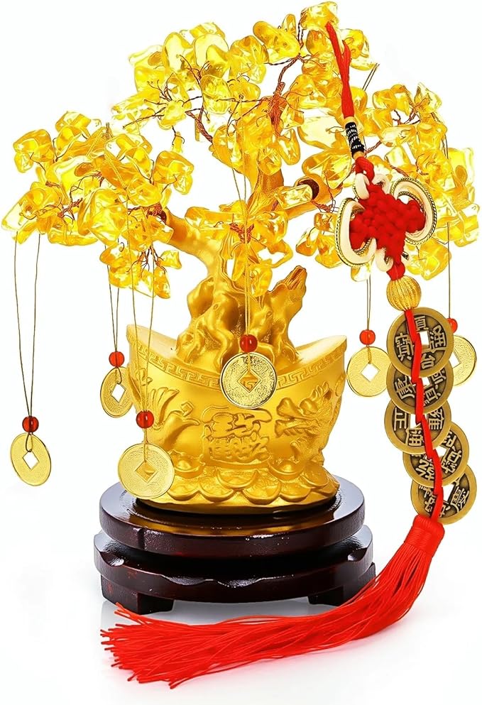9 Piece Citrine Money Tree, 7" Small Yellow Crystal Bonsai with Yuanbao Pot & Coins, Chinese Style Lucky Money Plant Decor with Red Tassels & Wood Base for Wealth, Prosperity, Home Office Desk - Bloomnest