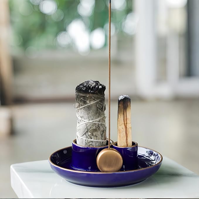 4 in 1 Incense Holder, Ceramic Incense Stick and Palo Santo Holder,Sage Holder for Burning- 5.5" Ceramic Ash Catcher Tray for Meditation and Yoga Room (Blue Golden) - Bloomnest