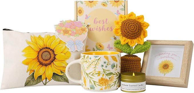 Birthday gifts for women, sunflower gift baskets, care package,sending you sunshine gift box for women with coffee mug and sunflower crochet, unique sunshine themed gift box. - Bloomnest