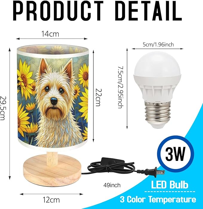 Silky Terrier Table Lamp LED 3-Color Pressed Bedside, Dog Shade Lamp with Wood Base for Bedroom Living Room Desk Office - Bloomnest