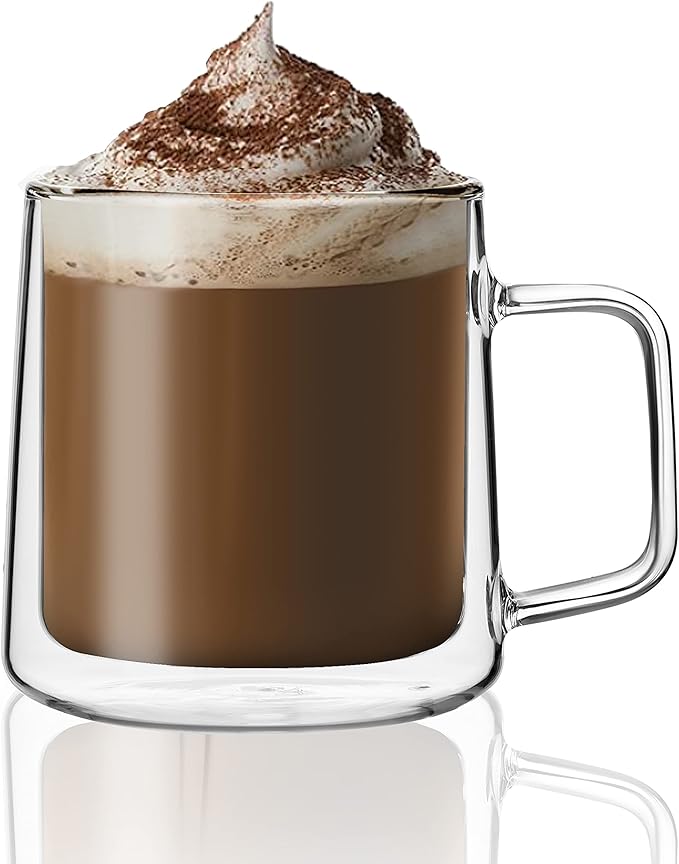 CNGLASS Double Walled Glass Coffee Mugs,15oz(1-pack) Insulated Glass Mugs with Handle,Clear Espresso Cups for Latte,Cappuccino,Tea Bag - Bloomnest
