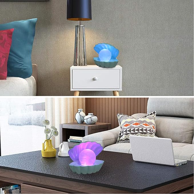 Shell Pearl Beach Themed Night Light, RGB 8 Colors Changing Mood Shell Pearl Lamps, Bedside LED Clamshell Portable Night Lights for Bar (Green) - Bloomnest