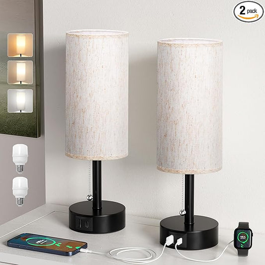 Fenmzee USB Bedside Table Lamps Set of 2-3 Color Temperatures Pull Chain Lamp with USB C and A Charging Ports, Round Night Stand Lamps for Bedroom - Bloomnest
