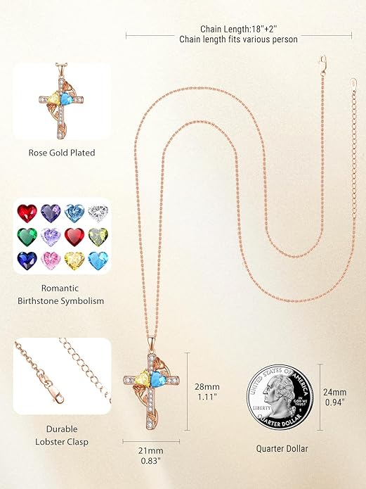 Rose Gold Dual Birthstones Cross Necklace for Women Rose Flower Jewelry Anniversary Christmas Mother's Valentine's Day Birthday Gift for Wife Girlfriend Mom - Bloomnest