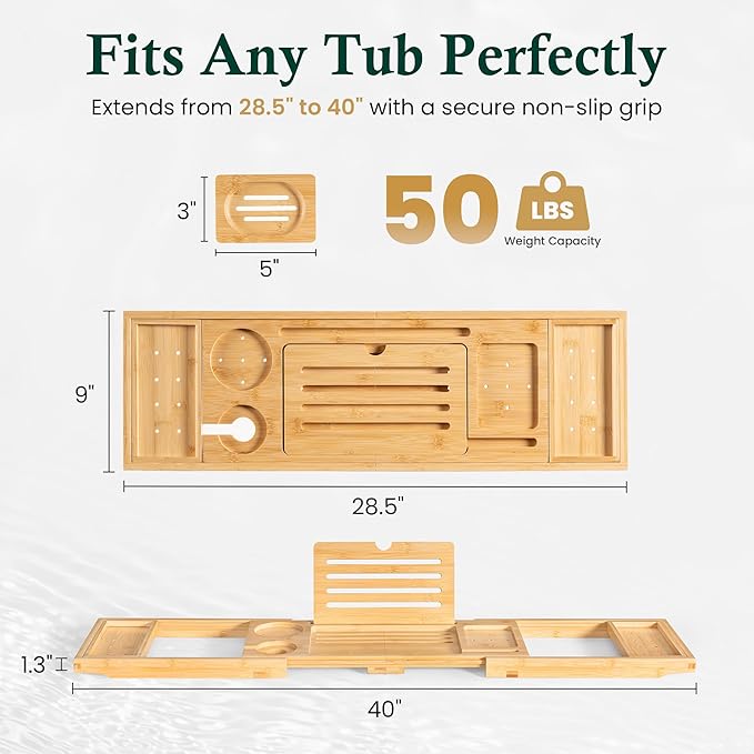 Bamboo Bathtub Tray, Bath Caddy with Wine Glass Holder, Phone Dock & Book Stand | Hands-Free Reading & Ultimate Spa Relaxation Experience-Natural - Bloomnest