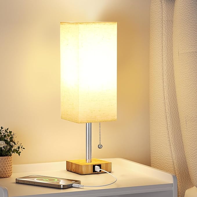 aooshine Beige Small Table Lamp for Bedroom - 3 Color Temperature 3000K 5000K 4000K Bedside Lamp, Pull Chain Control, USB A and C Ports, Wood-Grain Base, Bulb Included - Bloomnest