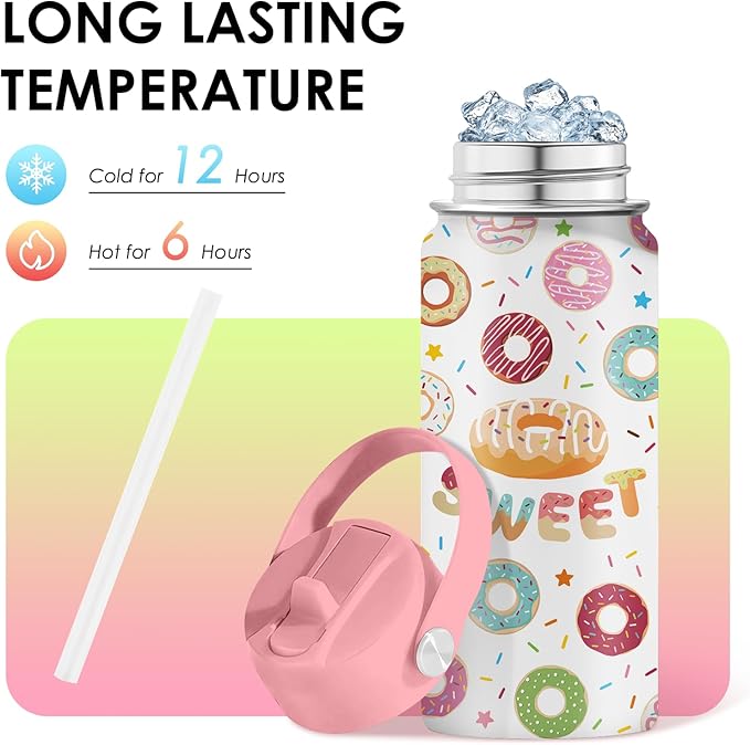 Donut Lover Gifts for Kids - 16oz Insulated Stainless Steel Water Bottle with Straw Lid, Leakproof BPA-Free Tumbler for School, Travel - Cute Donut Design Kids Cup for Boys & Girls (1pc) - Bloomnest