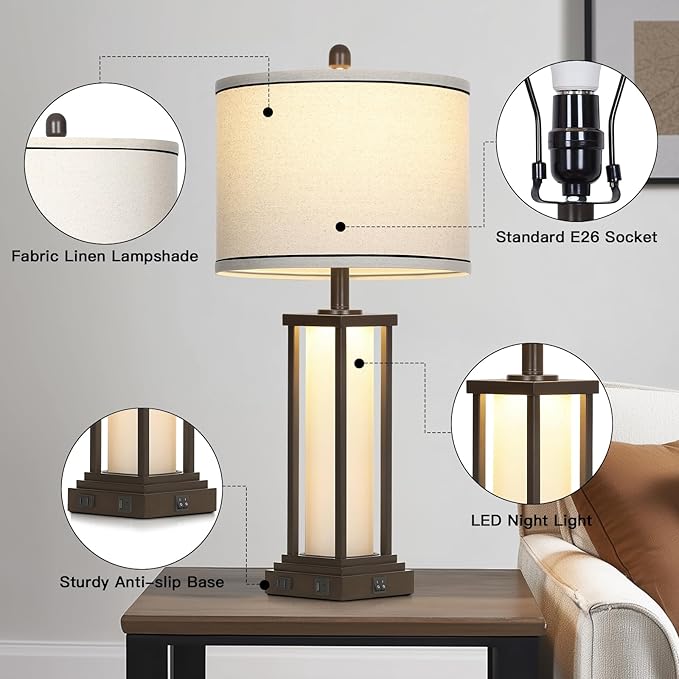 27in Tall Farmhouse Table Lamp Set of 2 with USB C+A & Outlet,Brown Industrial End Table Lamp for Living Room,Vintage Rustic Bedside Lamps with Night Light for Bedroom Nightstand,Brown - Bloomnest