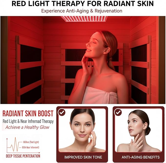 Homsido Red Light Therapy Infrared Sauna, 1300W 110V Indoor Wood Dry Sauna with Carbon Crystal Heaters, Red Light Therapy Lamp,Home Use for Post-Workout Recovery, Spa Relaxation, for Women Men HomsidoFurniture