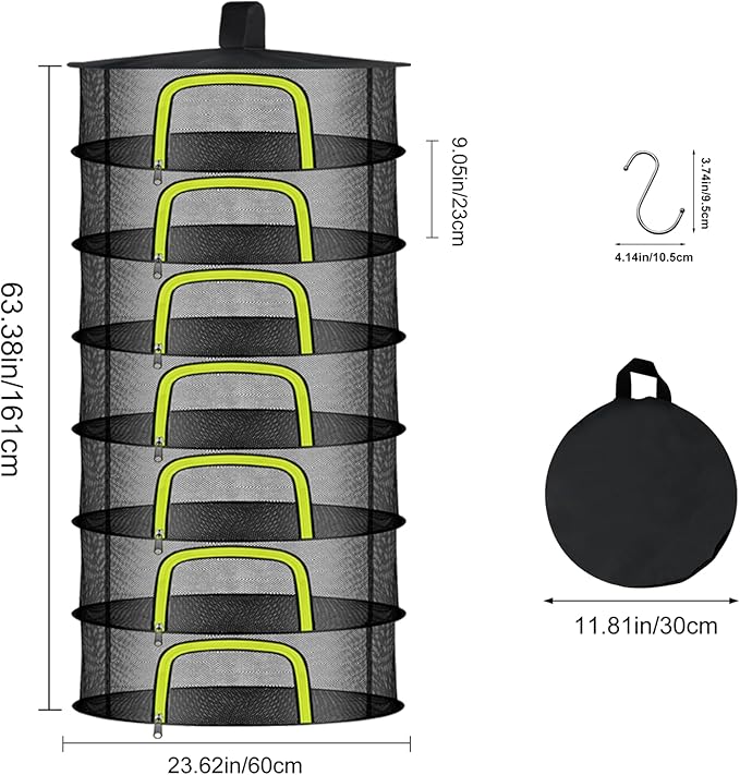 7 Layer Herb Drying Rack, Herb Drying Rack Hanging Mesh, Foldable Bud Drying Net with U-Shaped Zipper, Hooks, for Drying Herbs Plants, Flowers, Fruits, Food, Camping (7 Layers-23.62'') - Bloomnest
