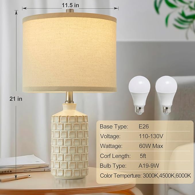 Luvkczc Vintage Farmhouse Table Lamp Set of 2, Grid Nightstand Lamp with Eye-Protecting Fabric Shade, 3-Color Temperature&2 Bulbs - Rustic Table Lamp Lamps for Living Room Bedroom Decor - Bloomnest