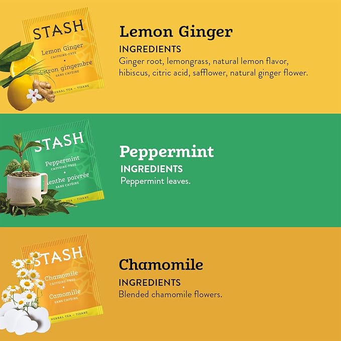 Stash Tea Comfort Classics Herbal Tea Sampler - Assortment of Non-Caffeinated Teas Including Peppermint, Chamomile and Lemon Ginger Teas, 18-20 Count (Pack of 3) - Bloomnest