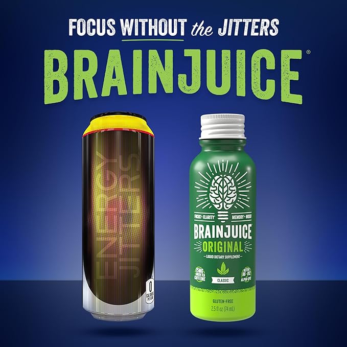 BrainJuice Focus & Energy Drink Shots, Nootropics with Alpha GPC, B Vitamins & Organic Green Tea Caffeine, Supports Focus, Memory & Clarity, Non-GMO, Gluten Free, Classic, 2.5 fl oz, 12 Pack - Bloomnest