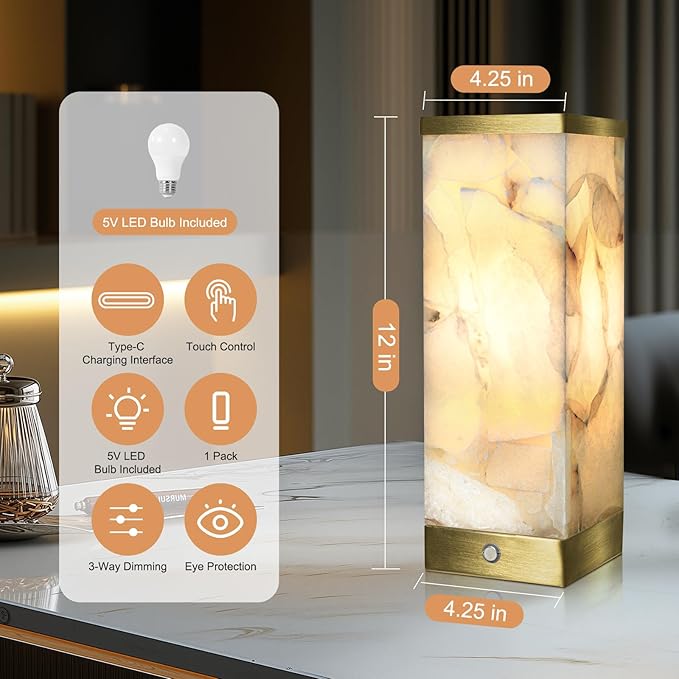 Scenekoy Alabaster Rechargeable Table Lamp for Living Room Bedroom Nightstand, Portable Battery Operated LED Bedside Lamp, Cordless Night Light for Home Office Dorm Desk Decor (Bulb Included) - Bloomnest