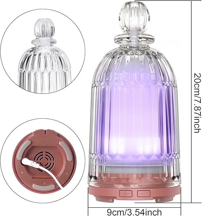 120ml Glass Essential Oil Diffuser, Ultrasonic Aroma Diffuser Glass Cover & Plastic Reservoir with Auto Shut-Off 7 Colors LED Lights for Home Office Bedroom(Bronze Base) DOUDING