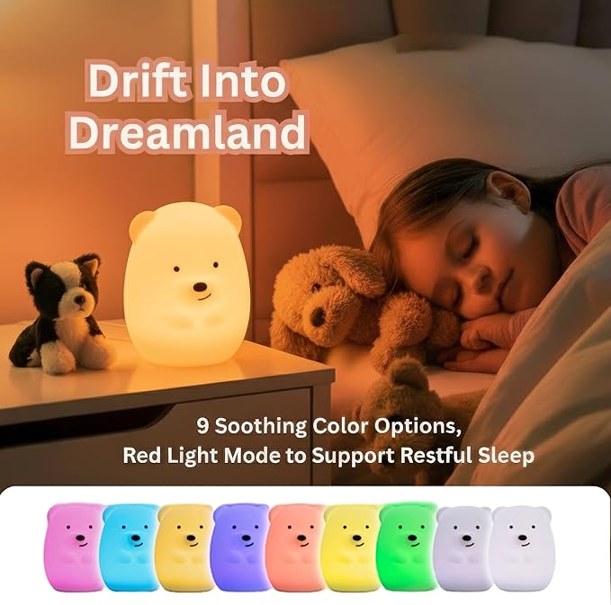 Lumipets Benny The Bear Squishy Silicone Night Light for Kids | Cute Night Light with Remote & Touch Control for Girls & Boys | 9 Color Changing Soft Portable Animal Lamp Comes with USB Cord - Bloomnest