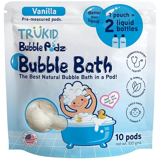 TruKid Bubble Podz Bubble Bath for Kids, Toddlers, & Babies, Tear Free Gentle & Refreshing Bath Bomb for Sensitive Skin with Natural Moisturizers, Non-Toxic, pH Balanced, Vanilla Scent (10 Podz) - Bloomnest