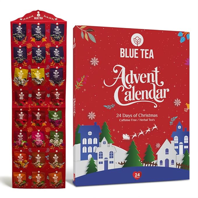 BLUE TEA - Advent Calendar 2025 (Red) - 24 Tea Bags - Plant Based - 24 Unique Tea | Limited Edition | Sampler & Variety Pack | Caffeine Free - Herbal Tea - Christmas Holiday Unique Advent Calendar Tea Gift Set | Gift Idea for Men and Women - Bloomnest