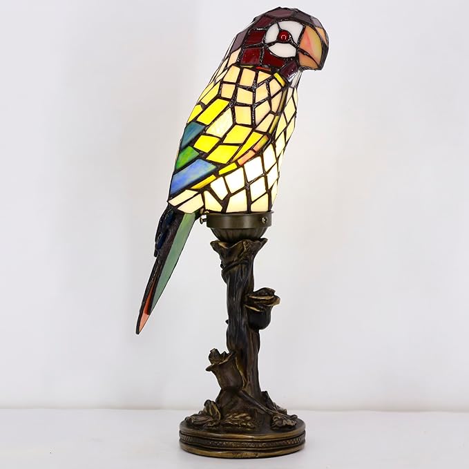 Small Tiffany Lamp Parrot Table Lamp Stained Glass Accent Lamp 15.3 Inch Tall Mini Desk Bedside Night Light for Kids Bedroom (White) - Bloomnest