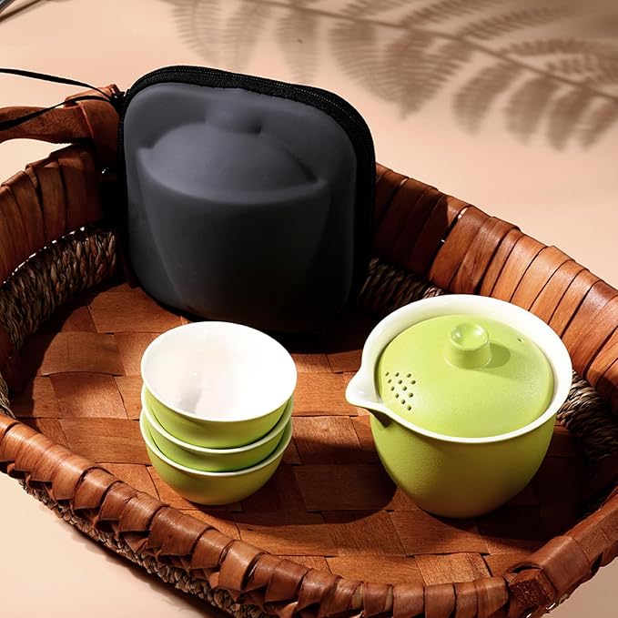 Porcelain Japanese Gongfu Tea Set for Adults, Chinese Travel Tea Sets Ceramic Gaiwan Asian Mini Teapot Set, Portable Kungfu tea Party set for adults, Tea Lovers Gifts for Outdoor and Office - Bloomnest