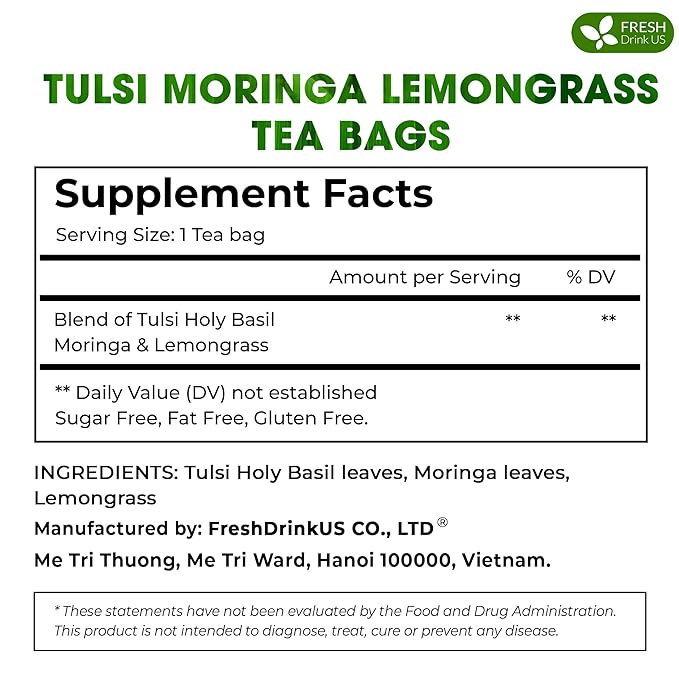 FreshDrinkUS, Premium 30 Tea Bags Tulsi Moringa Lemongrass, 100% Natural & Pure from Tulsi Holy Basil Leaves, Moringa & Lemongrass. Made with Natural Material Tea Bags. No Sugar, No Caffeine, Vegan. - Bloomnest