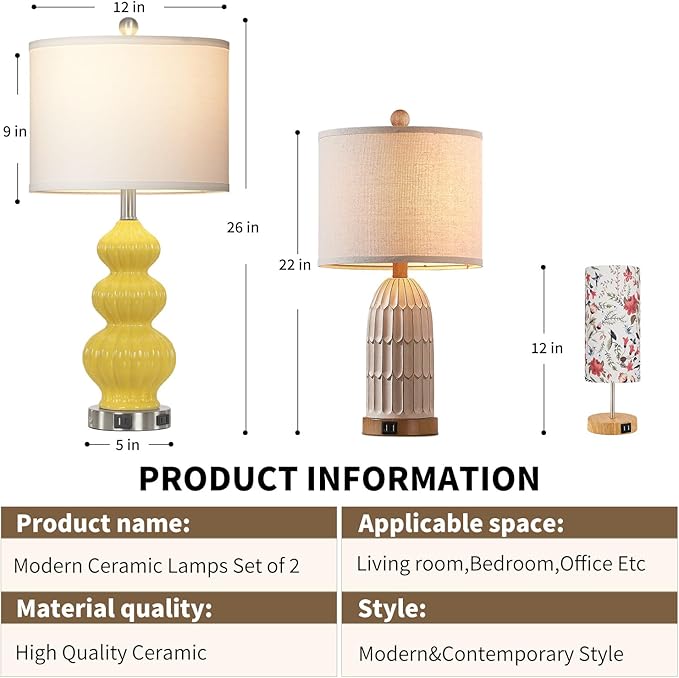 26" Set of 2 Yellow Ceramic Table Lamps with USB A+C Ports & AC Outlet, 3-Way Dimmable Gourd Bedside Nightstand Lamps with White Shade for Bedroom, Living Room, Office - Bloomnest
