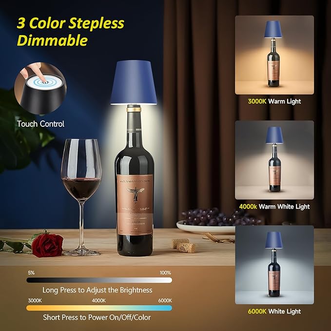 2025 New Wireless Bottle Lamp - LED Bottle Lights for Liquor & Wine Bottles, Cordless Lampshade, Whiskey Bottle Top Light, Bottle Stopper Night Light Kit, Rechargeable 3-Tone Touch-Dimmable - Bloomnest
