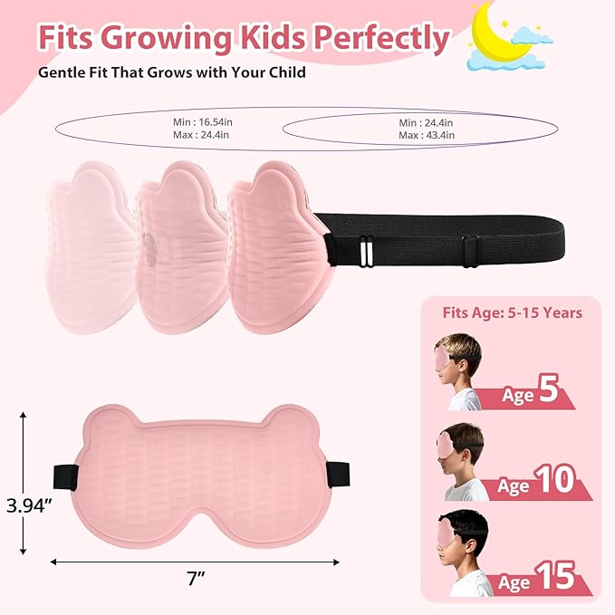 Kids Sleep Mask, 3D Sleeping Eye Mask for Kids with Adjustable Elastic Strap, Bear Shape Eye Cover with Memory Foam, Soft & Light-Blocking, Gift for Boys Girls Teens Age 5–15 (Pink) - Bloomnest