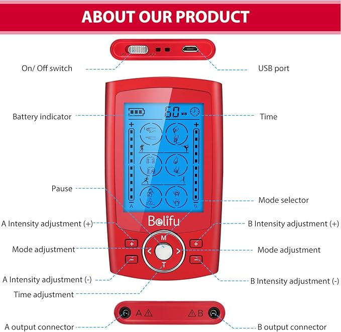 Belifu Dual Channel TENS EMS Unit 24 Modes Muscle Stimulator for Pain Relief Therapy, Electronic Pulse Massager Muscle Massager with 10 Pads, Dust-Proof Drawstring Storage Bag, Fastening Cable Ties Belifu