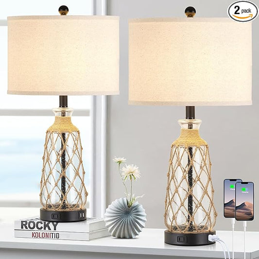 25.5" Coastal Glass Table Lamps Set of 2, 3-Way Dimmable Touch Control Bedside Lamps with 2 USB Ports and AC Outlet, Clear Nautical Nightstand Lamp for Bedroom Living Room (LED Bulbs Included) - Bloomnest