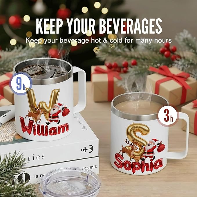 Personalized Christmas Insulated Coffee Mug with Handle – Custom Gold Balloon Initial Letter [S] Double Wall Stainless Steel Travel Tumbler – Unique Holiday Gift for Men, Women, & Kids(B114) - Bloomnest