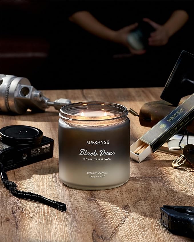 M&SENSE Vanilla Leather Scented Candles for Men, 11.6oz 2 Wick 70 Hours Long Lasting Soy Wax for Home Scented, Highly Scent Black Luxury Candles Home Fragrance Holiday Gifts for Him - Bloomnest
