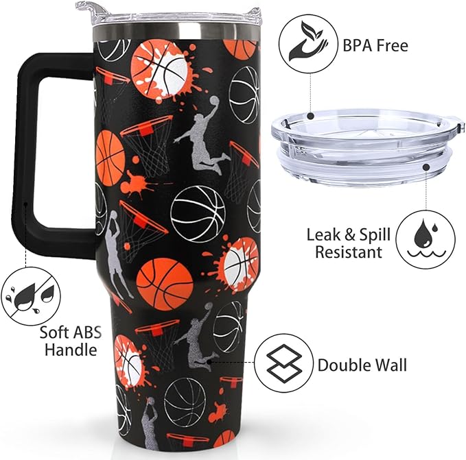 Ceovfoi 40 oz Basketball Coffee Mug Cup Vacuum Insulated Travel Tumbler with Handle Lid and Straw,Basketball Coach Gifts,Accessories Stuff - Bloomnest