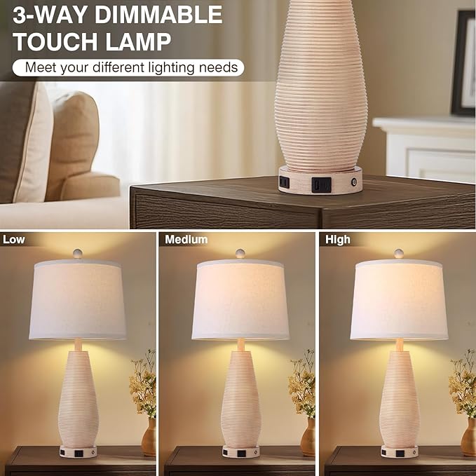 Farmhouse Table Lamps Set of 2 with USB C+A Ports and AC Outlet, 3 Way Touch Rustic Bedside Lamps for Living Room, 26.5" Cream Vintage Lamps for Bedroom Nightstand - Bloomnest