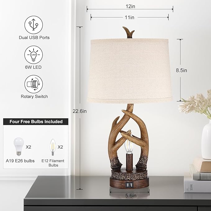 Rustic Table Lamps Farmhouse Antler Lamps Set of 2 Western Bedside Lamps for Bedroom with USB Charging Ports Nightlight,Vintage Resin Nightstand Table Lamps for Living Room (Bulbs Included) - Bloomnest