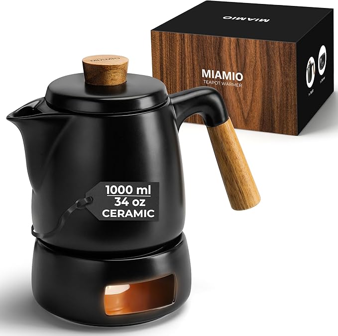 MIAMIO - Teapot Set with Warmer / 34 oz Tea Kettle with Infuser for Steeping Loose Tea Leaves - Gift for Women/Tea Lovers (Black) - Bloomnest