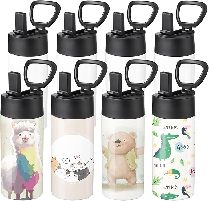 OFFNOVA 8 Pack Kid Sublimation Water Bottle Blanks with Straw, 12 oz Sublimation Tumblers Bulk Stainless Steel Sports Bottles for Tumbler Heat Press Sublimation Printing - Bloomnest