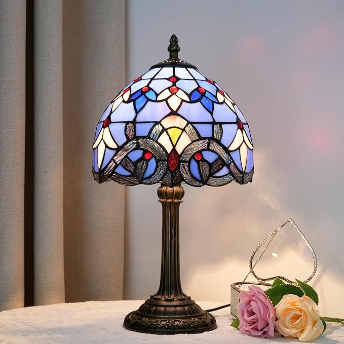 Tiffany Lamp Stained Glass lamp Small Bedside Table Lamps for Living Room Bedroom Dorm Kitchen Home Decor Festival Birthday Gift,Blue Baroque - Bloomnest
