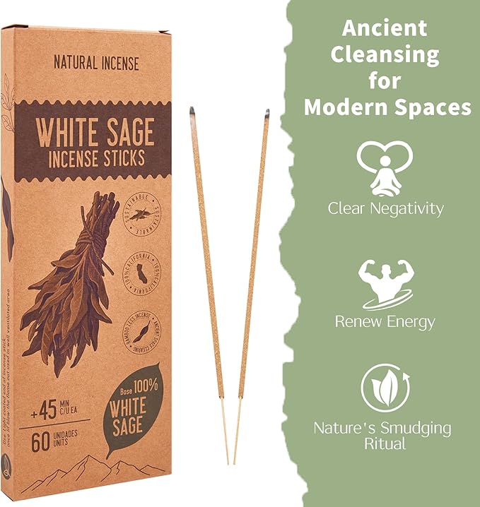White Sage Incense Sticks - Total 60 Insence-Sticks - Smudging Incense for Positive Energy & Spiritual Cleansing