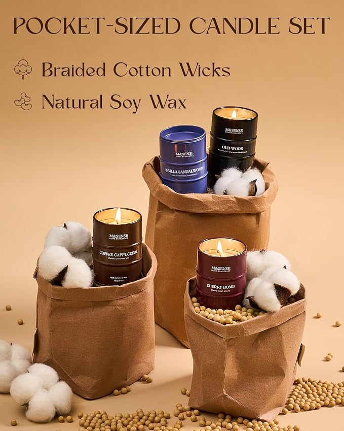 Fall Candles Set | Mini Scented Candles Gift Set | 4 Pack Candles for Home Scented Candle,Cherry Vanilla Oud Sandalwood Coffee Candle,Gift Set for Women and Men,Soy Wax 14 oz 86 Hour - Bloomnest