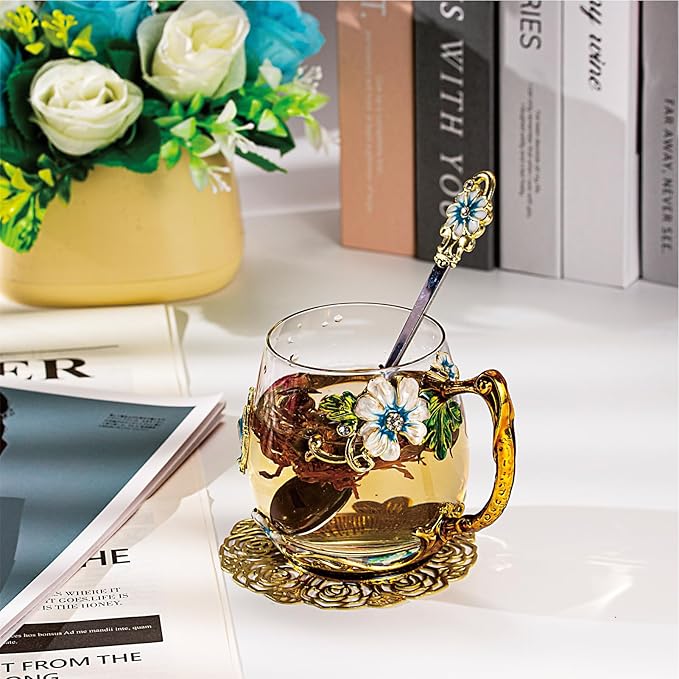 Flower Tea Cup ,Butterfly Daisy Clear Glass Fancy Coffee Mug with Spoon,Gift Box, Hot And Cold Drinks Use,For Her Mom Wife Grandma Girls Friends Valentines Christmas Birthday Present Idea for Juice - Bloomnest