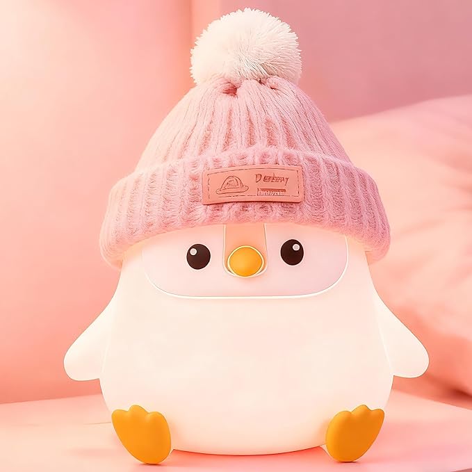 Penguin Silicone Night Light, Cute Pink Penguin Lamp with Knitted Hat, Soft Nursery Nightlight, USB Rechargeable/Dimmable,LED Squishy Novelty Animal Bedside Lamp,Funny Gifts for Kids/Girls - Bloomnest
